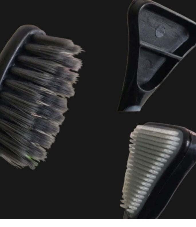 Real macro photos: soft charcoal bristles, tongue scraper back, and silicone exfoliator rows